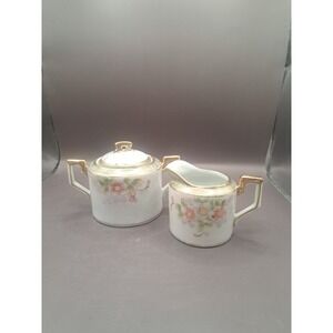 Antique Nippon Gilded Hand Painted Pink Blue Floral Creamer & Lidded Sugar Set